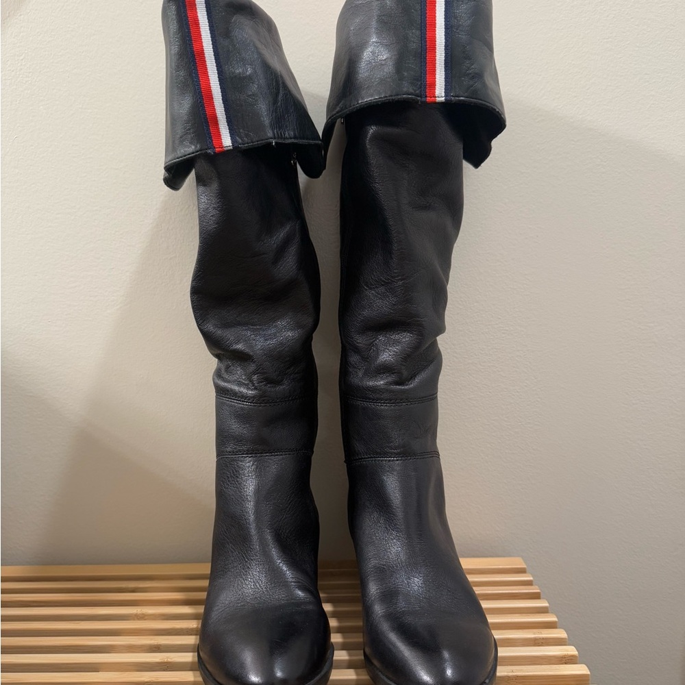 Black Leather Boots with Red and White Stripe